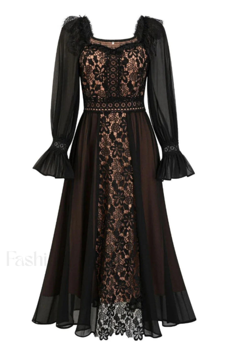 Aliana Floral Hollow Charming Long Sleeve Dress S / Black