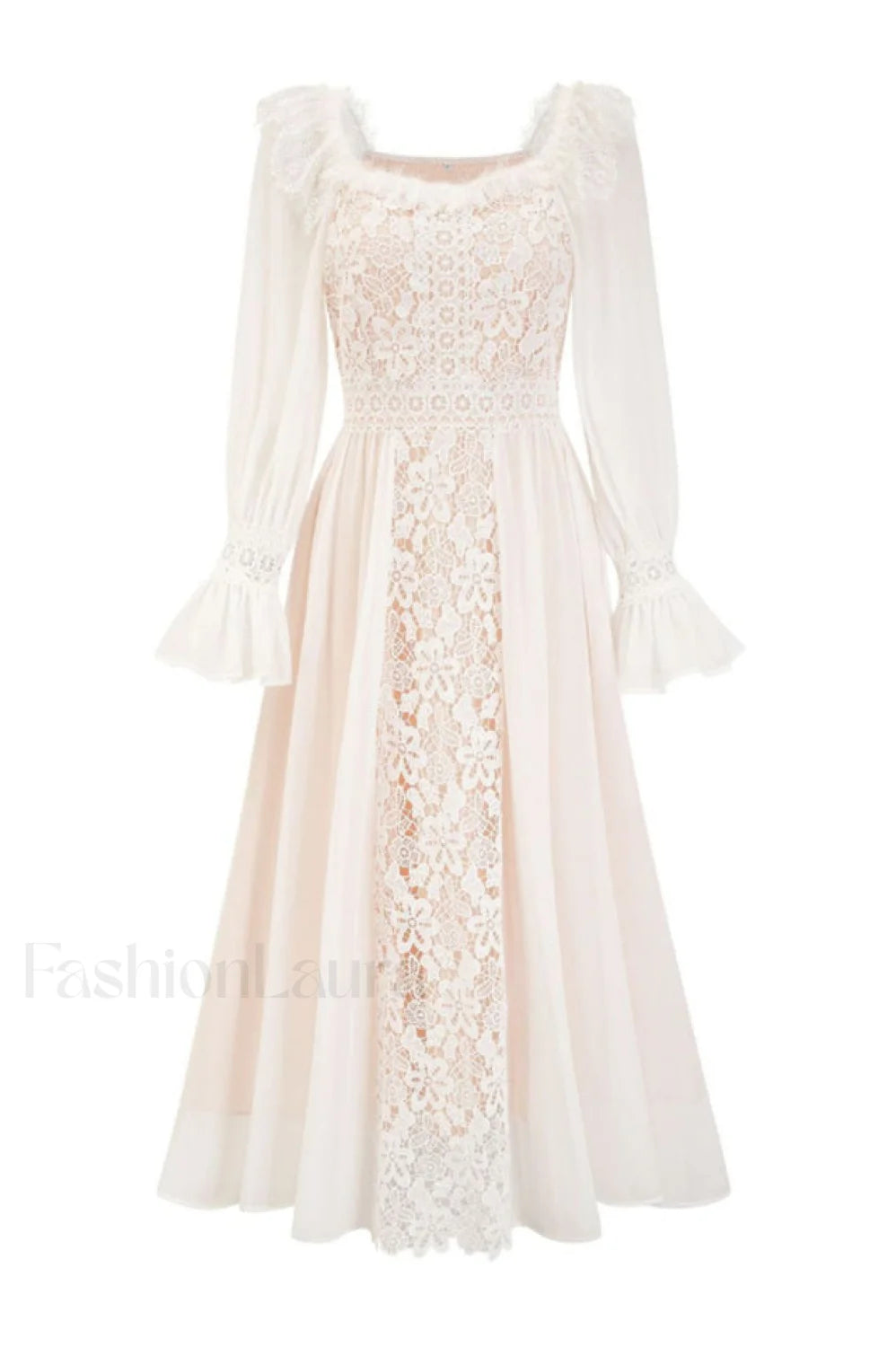 Aliana Floral Hollow Charming Long Sleeve Dress S / White