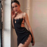 Alluring Eyelash Lace Trim Split Club Mini Dress Black S / Black Party Dresses L