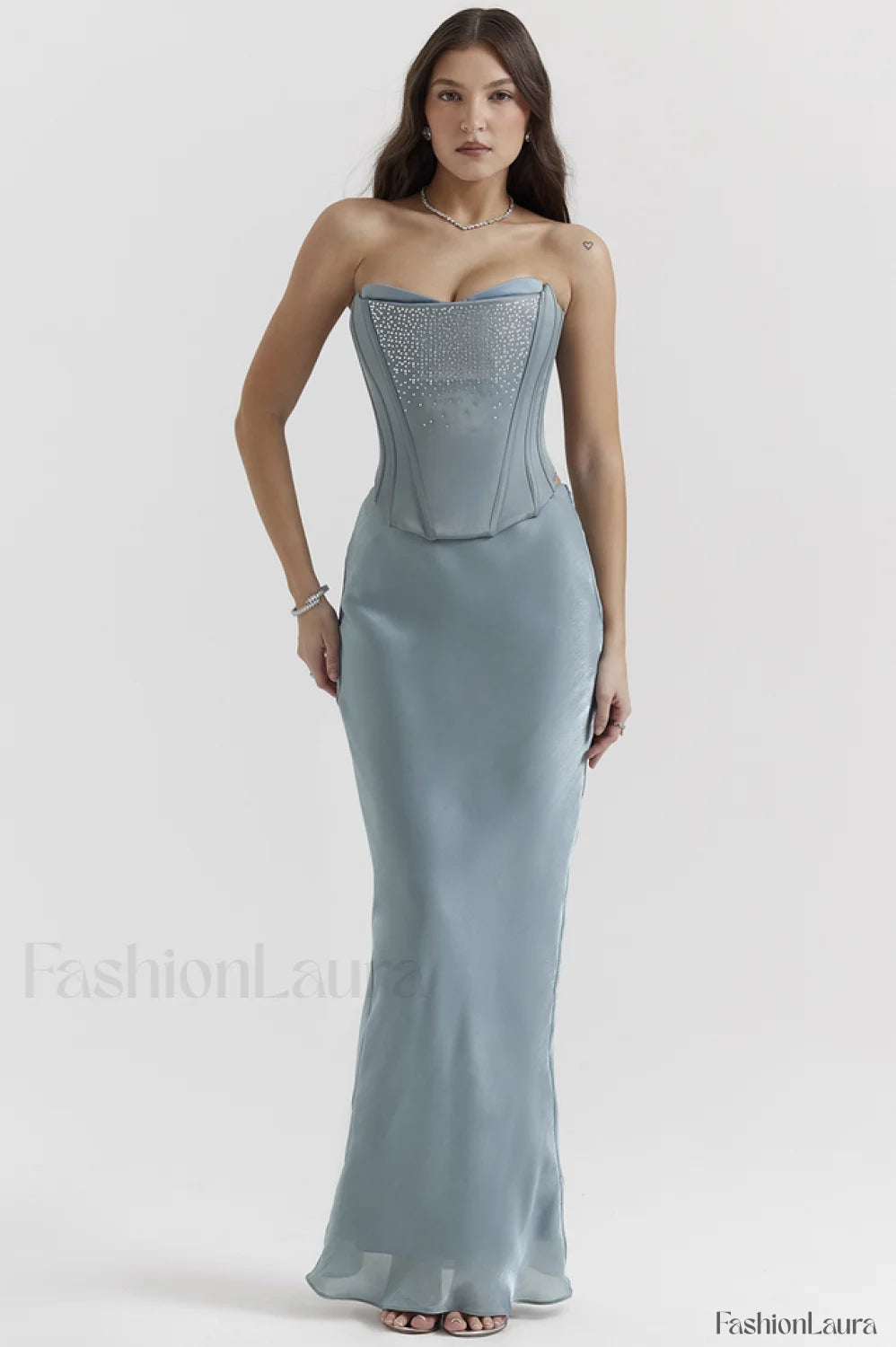 Amadi Satin Bra Charming + Maxi Skirt Set XS / Cool Blue