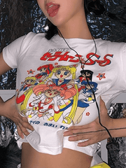 Anime Graphic Crop Top White / S Tops&Tees