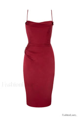 Anja Wine Satin Charming Corset Midi Dress