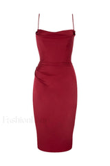 Anja Wine Satin Charming Corset Midi Dress