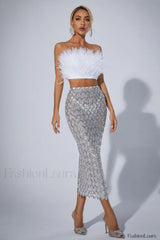 Ansley Strapless Feather Charming Mesh Skirt Set M / White