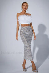 Ansley Strapless Feather Charming Mesh Skirt Set M / White