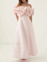 Applique Solid Slash Maxi Dress PINK / S