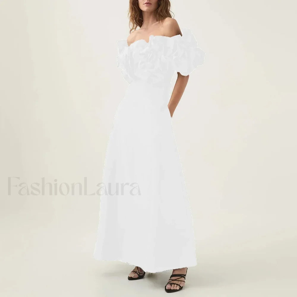 Applique Solid Slash Maxi Dress WHITE / S
