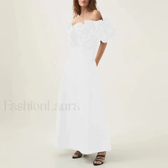 Applique Solid Slash Maxi Dress WHITE / S