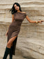 Asymmetric One Shoulder Split Knit Long Dress Dark Brown / XS Knit Dresses