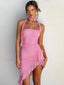 Asymmetrical Halter Lace Mini Dress Pink / S