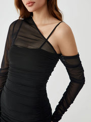 Asymmetrical Neck Contrast Mesh Modern Ruched Bodycon Short Dress Knit Dresses
