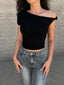 Asymmetrical Neck One Shoulder Off Top Black / XS T Shirts