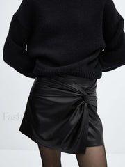 Asymmetrical Pleated Twisted Trendy Faux Leather Mini Skirt Black / XS Skirts