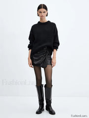 Asymmetrical Pleated Twisted Trendy Faux Leather Mini Skirt Skirts
