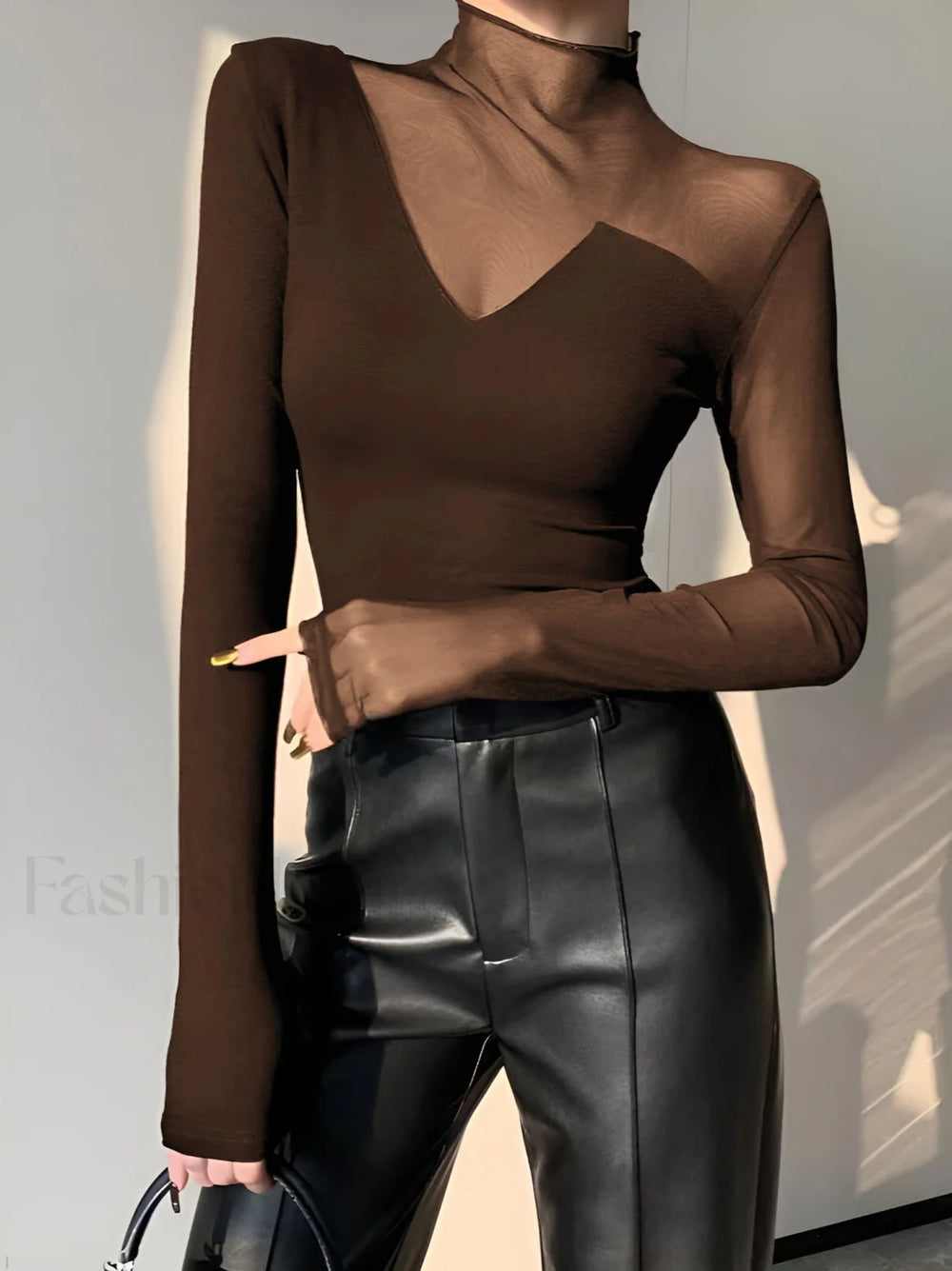 Asymmetrical Sheer Mesh Panel T Shirt Brown / XS T Shirts