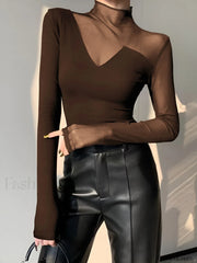 Asymmetrical Sheer Mesh Panel T Shirt Brown / XS T Shirts