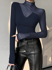 Asymmetrical Sheer Mesh Panel T Shirt Navy / XS T Shirts