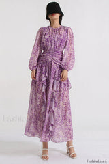 Aurier Round Neck Charming Balloon Sleeve Maxi Dress S / Aurier Print
