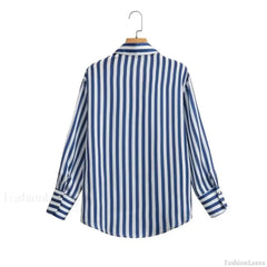Autumn Lapel Blue White Striped Satin Single Breasted Loose Tops Blouse