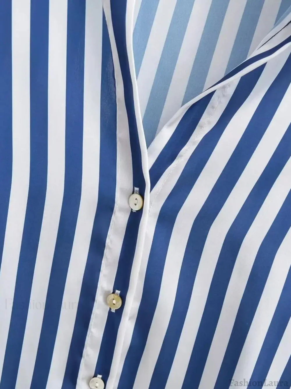 Autumn Lapel Blue White Striped Satin Single Breasted Loose Tops Blouse