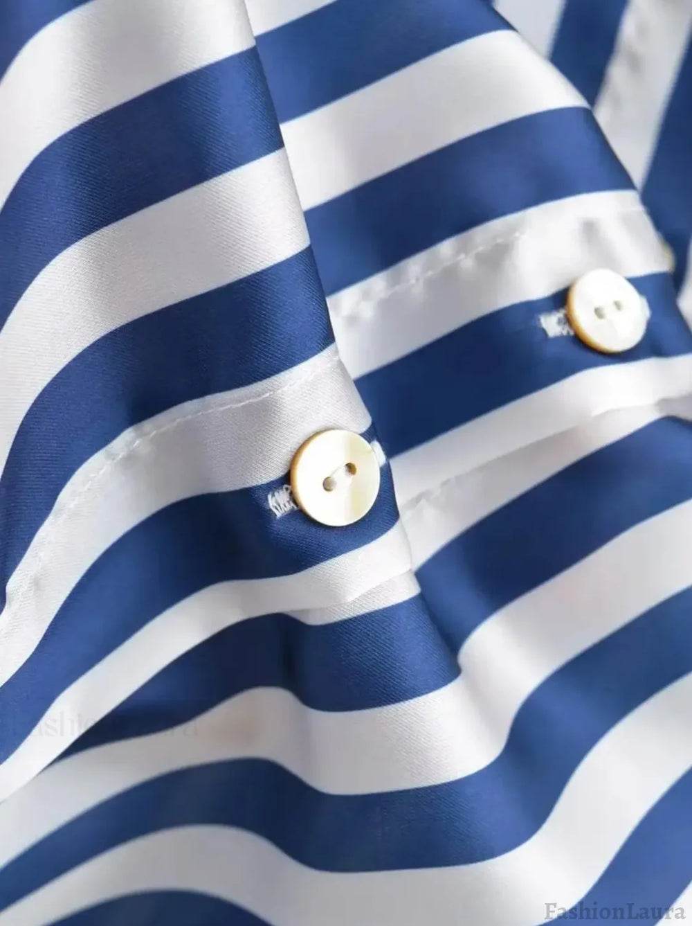 Autumn Lapel Blue White Striped Satin Single Breasted Loose Tops Blouse