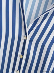 Autumn Lapel Blue White Striped Satin Single Breasted Loose Tops Blouse