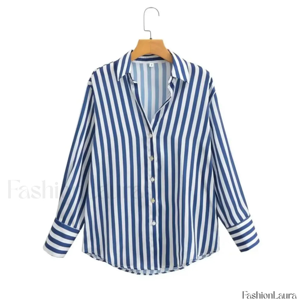 Autumn Lapel Blue White Striped Satin Single Breasted Loose Tops Blouse Blue / XS