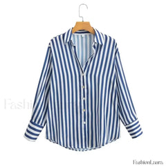 Autumn Lapel Blue White Striped Satin Single Breasted Loose Tops Blouse Blue / XS