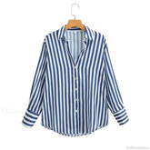 Autumn Lapel Blue White Striped Satin Single Breasted Loose Tops Blouse Blue / XS
