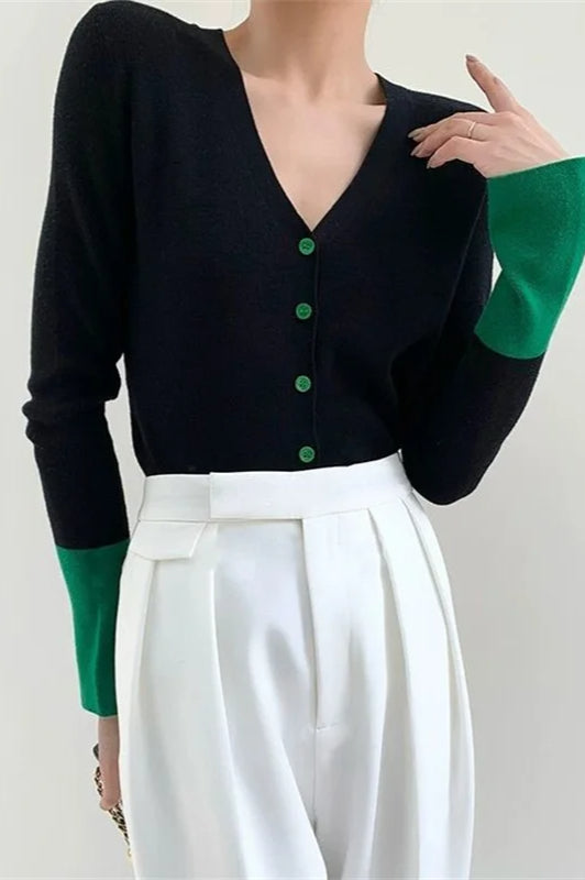 Flare Sleeve Colorblock Knit V Neck Cardigan