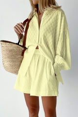Textured Bubble Sleeve Blouse Casual Shorts Set