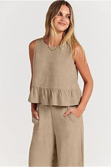 Ruffle Back Button Crop Two Piece Pants Set