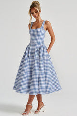 Plaid Printed Ruched Backless Spaghetti Strap Prom Dress