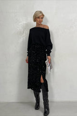 Sequin High Waist Slit Bodycon Midi Skirt