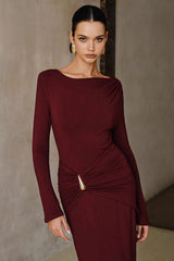 Wine Red Bodycon Metallic Trim Dress