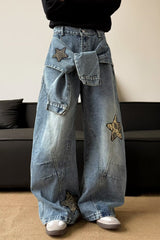 Leopard Print Patchwork Tie Loose Wide Leg Retro Jeans