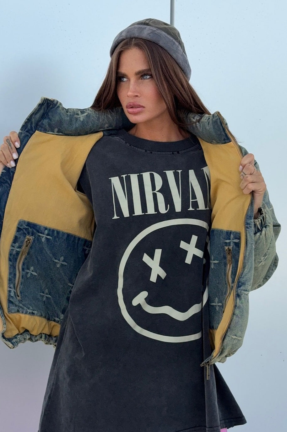 Vintage Washed Cross Embroidery Puffer Jacket