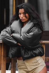 Faux Leather Stand Collar Cropped Puffer Jacket