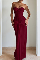 Ribbon Strapless Corset Maxi Evening Prom Dress