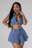Washed Plaid Denim Crop Top Skirt Set
