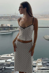 Silk Polka Dot Halter Top High Slit Pencil Skirt Set