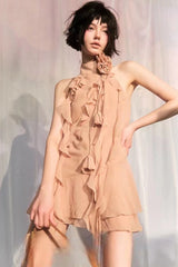 Asymmetric Rose Halter Mini Dress