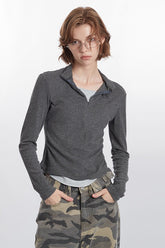 Mock Two-Piece Half-Zip Knit Top