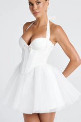 Boned Halter Lace Tie Waist Tulle Mini Dress