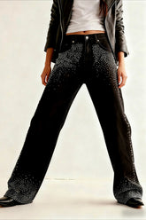 Black Denim Stretch Rhinestone Straight Pants