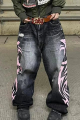 Gothic Print Wide Leg Jeans