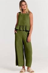 Ruffle Back Button Crop Two Piece Pants Set