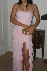 Ruffled Ruching Tiered High Slit Strapless Waist Cinched Prom Dress