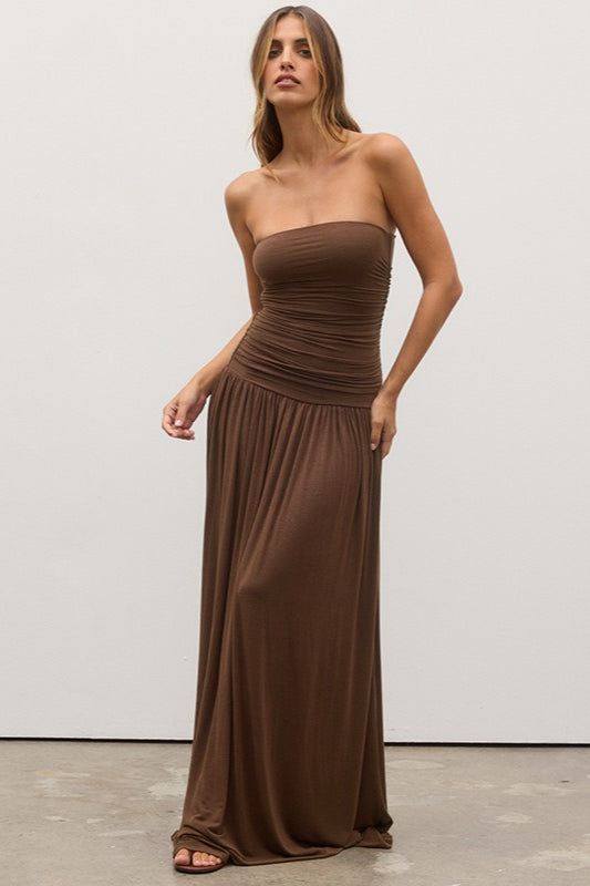 Strapless Off Shoulder Maxi Formal Dress S / Brown