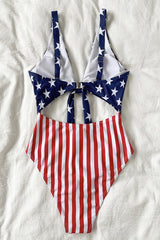US Flag Cutout Tie Cross One Piece Swimwear